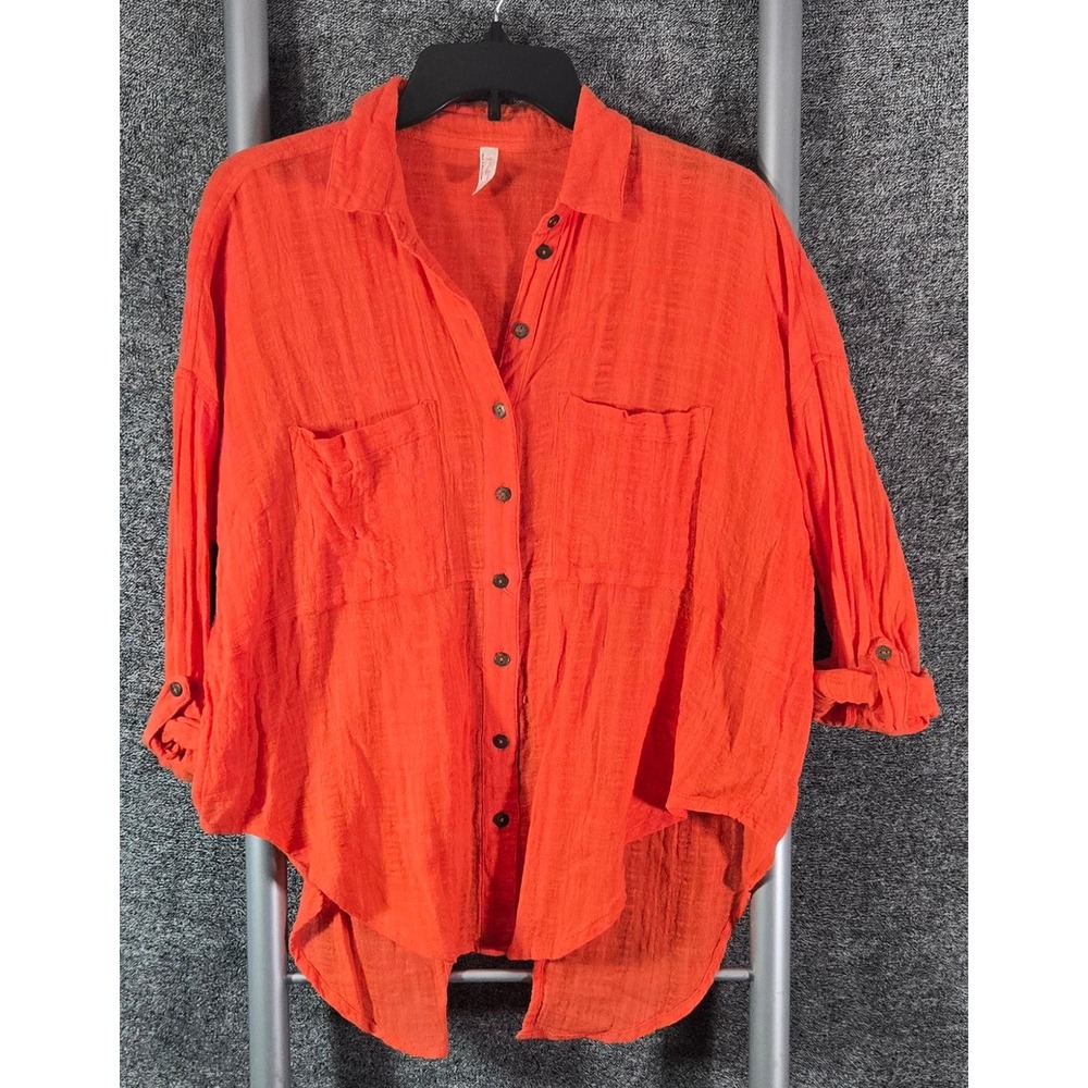 Free People Orange Cotton Gauze Split Back Button Down Shirt Relaxed XS